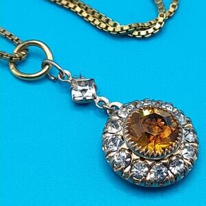 Amerik FBM Gold Filled Rhinestone Pendant Necklace Light Topaz Halo